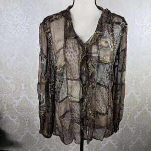 Chico's Size 2 (US Large) 100% Silk Animal Print Patchwork Blouse Ruffle Buttons